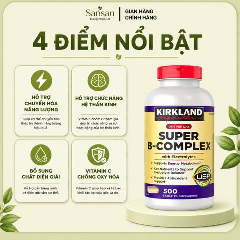 Viên Uống Vitamin B Tổng Hợp Kirkland Signature Super B-Complex With Electrolytes 500 Viên Bổ Sung Vitamin B & Vitamin C