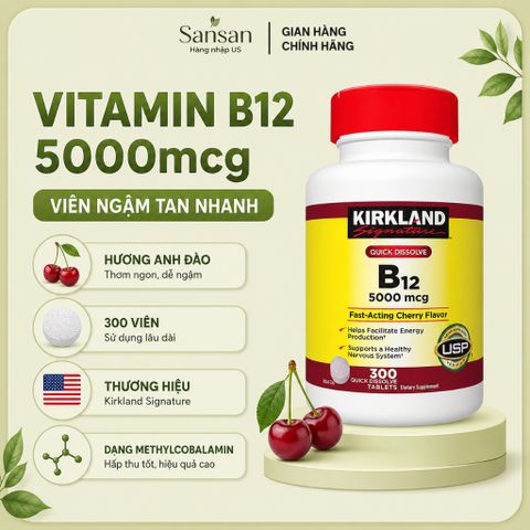 Viên Ngậm Tan Nhanh Kirkland Signature Vitamin B12 5000mcg 300 Viên Hương Anh Đào