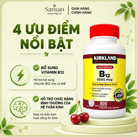 Viên Ngậm Tan Nhanh Kirkland Signature Vitamin B12 5000mcg 300 Viên Hương Anh Đào