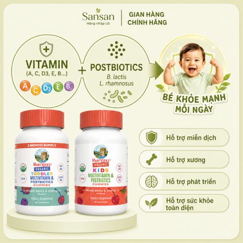 Kẹo Dẻo Vitamin Hữu Cơ Mary Ruth's Toddler/Kids Multivitamin + Postbiotics - Bổ Sung Vitamin & Khoáng Chất Cho Trẻ 2+/4+