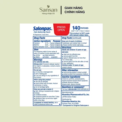 Miếng Dán Salonpas Hisamitsu 140 Miếng Hỗ Trợ Giảm Đau Cơ Khớp Vai Gáy Lưng Menthol Camphor