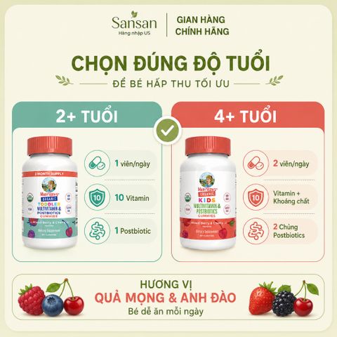 Kẹo Dẻo Vitamin Hữu Cơ Mary Ruth's Toddler/Kids Multivitamin + Postbiotics - Bổ Sung Vitamin & Khoáng Chất Cho Trẻ 2+/4+