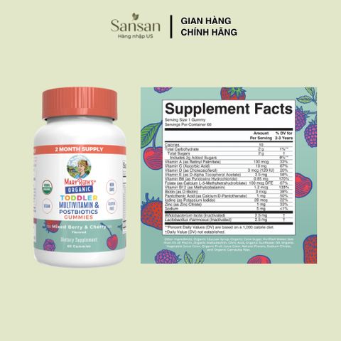 Kẹo Dẻo Vitamin Hữu Cơ Mary Ruth's Toddler/Kids Multivitamin + Postbiotics - Bổ Sung Vitamin & Khoáng Chất Cho Trẻ 2+/4+