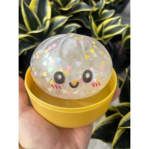 Squishy bóp mềm Bánh bao (Kim tuyến Tim) có trân châu - Có đèn