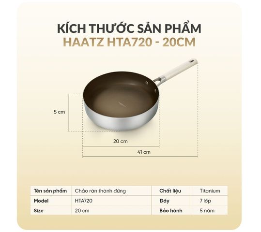 Chảo inox316 Titanium Aura Haatz HTA720 Thành Đứng Size 20cm Chống Dính, Bền Bỉ, Dùng Mọi Loại Bếp - Hàng Chính Hãng