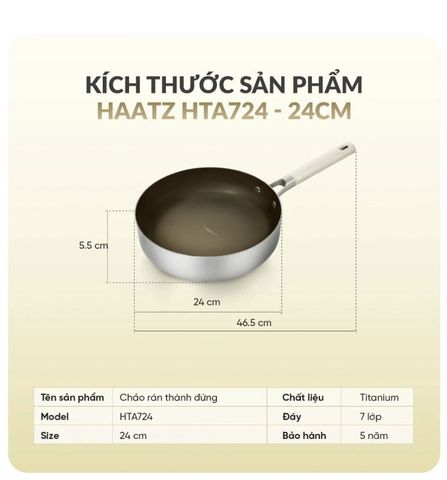 Chảo Titanium Aura Haatz Size 24cm HTA724 - Chảo Chống Dính Cạn Lòng inox 316 Dùng Mọi Loại Bếp - Bảo Hành 5 Năm
