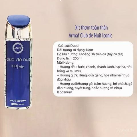 Chính hãng -Xịt Toàn Thân Armaf Club De Nuit Iconic 200ml Dành Cho Nam 783676