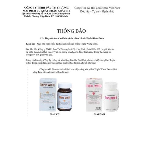 Viên Uống Triple White Trắng Sáng Da - Giảm Thâm, Chống Nắng, Bổ Sung Glutathione và Chiết Xuất Dương Xỉ Cho Da Khỏe Mạnh