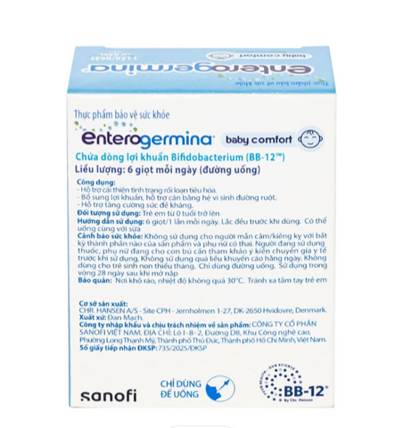 Men vi sinh Enterogermina Baby Comfort Sanofi cho trẻ sơ sinh chứa lợi khuẩn BB12 (Lọ 8ml)