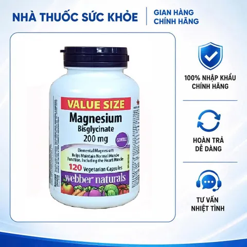 Viên uống bổ sung magie Webber Naturals Magnesium Bisglycinate 200mg - Hỗ trợ sức khỏe, hấp thu nhanh, 120 viên