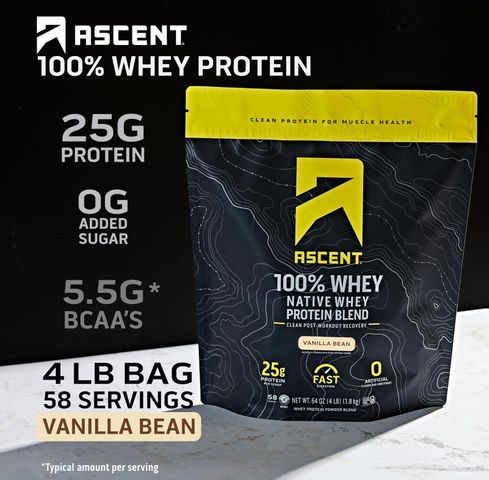 Whey Ascent - Đạm tươi 100% phục hồi cơ, dinh dưỡng thể hình - Bịch 1,9kg 2 vị vanilla và chocolate date 2028 - Chính hãng Mỹ