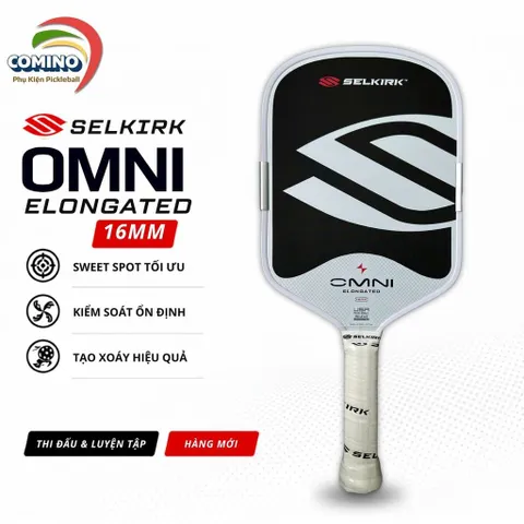 Vợt Pickleball Selkirk OMNI Elongated, lõi tổ ong, bản 16mm, mặt nhám carbon T700 n màu trắng đen