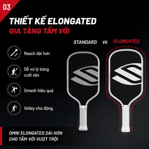 Vợt Pickleball Selkirk OMNI Elongated, lõi tổ ong, bản 16mm, mặt nhám carbon T700 n màu trắng đen