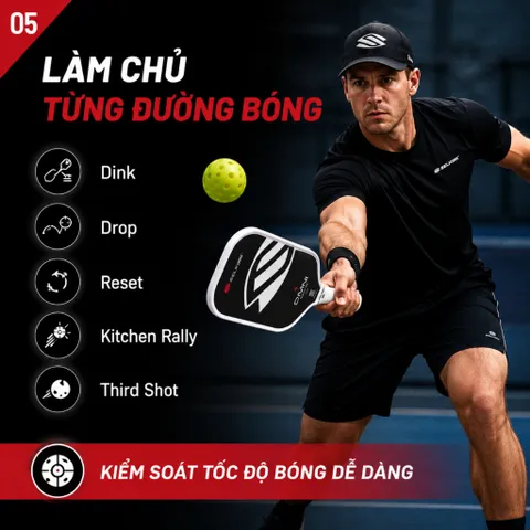 Vợt Pickleball Selkirk OMNI Elongated, lõi tổ ong, bản 16mm, mặt nhám carbon T700 n màu trắng đen