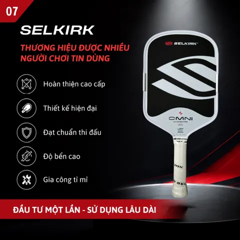 Vợt Pickleball Selkirk OMNI Elongated, lõi tổ ong, bản 16mm, mặt nhám carbon T700 n màu trắng đen