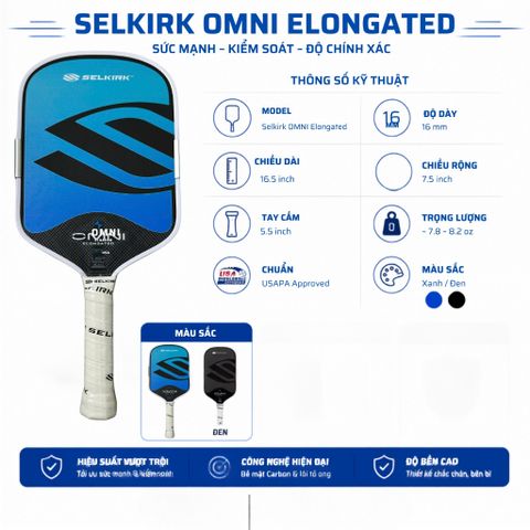 Vợt Pickleball Selkirk OMNI Elongated, lõi tổ ong, bản 16mm, mặt nhám carbon T700, màu xanh đen
