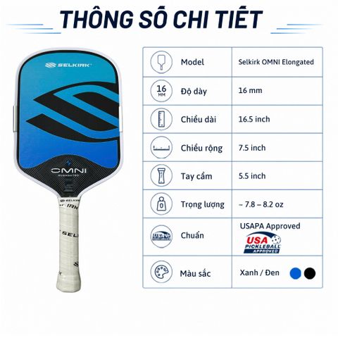 Vợt Pickleball Selkirk OMNI Elongated, lõi tổ ong, bản 16mm, mặt nhám carbon T700, màu xanh đen