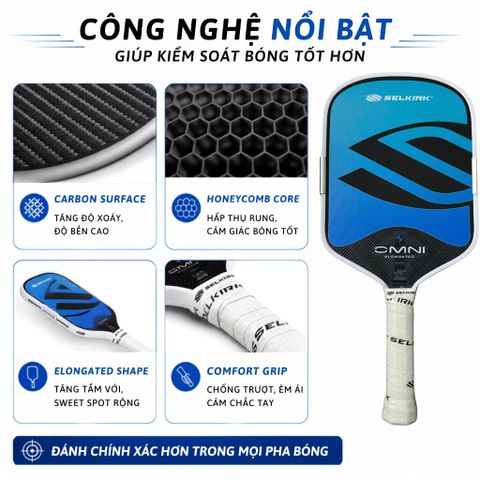 Vợt Pickleball Selkirk OMNI Elongated, lõi tổ ong, bản 16mm, mặt nhám carbon T700, màu xanh đen