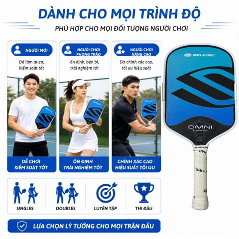 Vợt Pickleball Selkirk OMNI Elongated, lõi tổ ong, bản 16mm, mặt nhám carbon T700, màu xanh đen