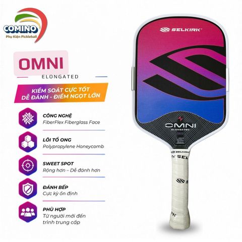 Vợt Pickleball Selkirk OMNI Elongated, lõi tổ ong, bản 16mm, mặt nhám carbon T700, màu hồng tím