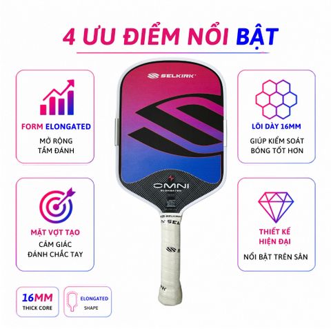 Vợt Pickleball Selkirk OMNI Elongated, lõi tổ ong, bản 16mm, mặt nhám carbon T700, màu hồng tím