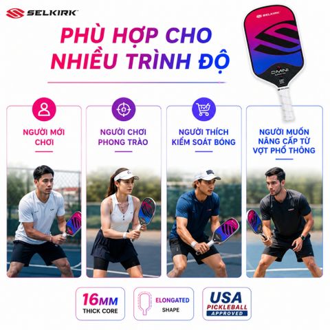 Vợt Pickleball Selkirk OMNI Elongated, lõi tổ ong, bản 16mm, mặt nhám carbon T700, màu hồng tím