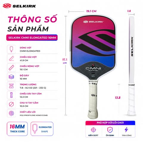 Vợt Pickleball Selkirk OMNI Elongated, lõi tổ ong, bản 16mm, mặt nhám carbon T700, màu hồng tím