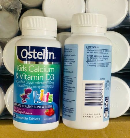 Viên nhai Ostelin Kids Calcium & Vitamin D3 |90 viên| Chewable Tablets - Bổ sung/Duy trì & Phát triển hệ xương/cơ bắp cho trẻ từ 2 - 13 tuổi [SP Chuẩn Úc]