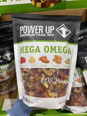Hạt mix và trái cây sấy khô Gourmet Nut Power Up Trail Mix, Mega Omega