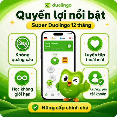 Tài Khoản Duolingo Super, Nâng Cấp Chính Chủ Giá Rẻ
