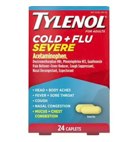 Tylenol Cold + Flu Severe Acetaminophen cho người lớn 24 viên nén.