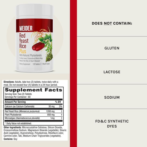 Weider Red Yeast Rice Plus with Natural Phytosterols, giảm cholesterol 120 tablets/ 1 month supply