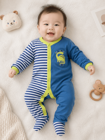 Bodysuit nỉ voi con kẻ cúc bấm ấm áp thu đông cute đáng yêu cho bé 3-6 tháng