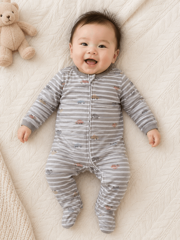 Bodysuit nỉ kẻ ô tô ấm áp dày dặn đáng yêu thu đông cho bé 0-3 tháng