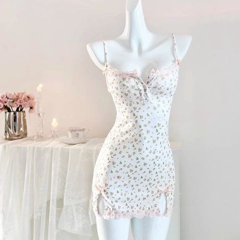 Váy Ngủ Hoa Nhí 2 Dây Phối Ren Siêu Xinh Gợi Cảm Đầm Ôm Body Hoa Hồng Tím Quyến Rũ Ngọt Ngào - N232 Trắng Hoa Trà
