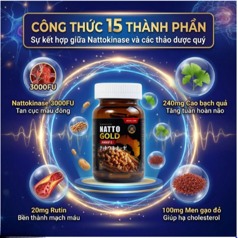 Viên uống hỗ trợ hoạt huyết, tăng cường tuần hoàn não Natto Gold 3000FU Royal Care (60 viên)