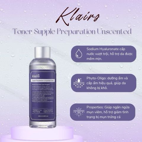 Nước hoa hồng Klairs Supple Preparation Unscented Toner - 180ml