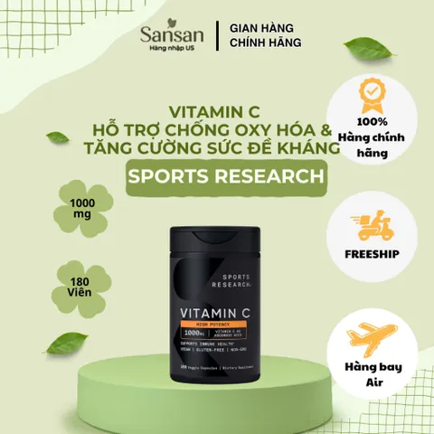 Sports Research Vitamin C 1000mg 180 Viên Nang Chay | Hỗ Trợ Chống Oxy Hóa & Tăng Cường Sức Đề Kháng | Non-GMO