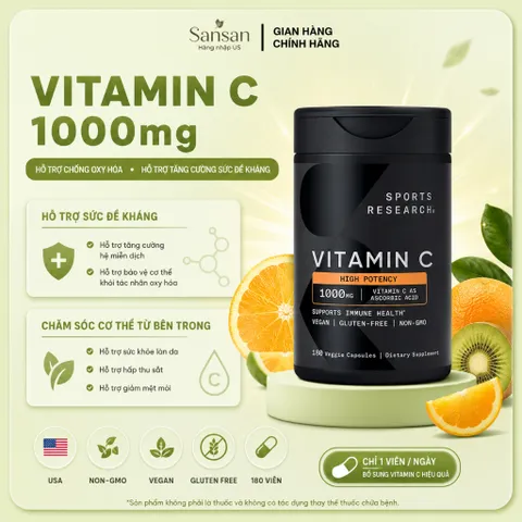Sports Research Vitamin C 1000mg 180 Viên Nang Chay | Hỗ Trợ Chống Oxy Hóa & Tăng Cường Sức Đề Kháng | Non-GMO