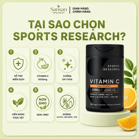 Sports Research Vitamin C 1000mg 180 Viên Nang Chay | Hỗ Trợ Chống Oxy Hóa & Tăng Cường Sức Đề Kháng | Non-GMO
