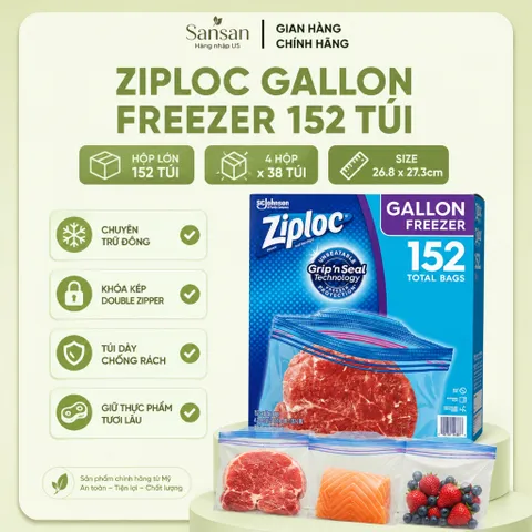 Túi Zip Trữ Đông Ziploc Gallon Freezer 152 Túi (4 Hộp x 38 Túi) 26.8 x 27.3cm Khóa Kép Double Zipper Bảo Quản Thực Phẩm