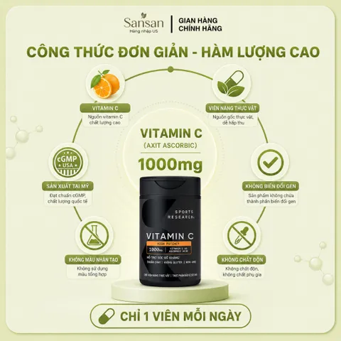 Sports Research Vitamin C 1000mg 180 Viên Nang Chay | Hỗ Trợ Chống Oxy Hóa & Tăng Cường Sức Đề Kháng | Non-GMO