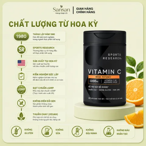 Sports Research Vitamin C 1000mg 180 Viên Nang Chay | Hỗ Trợ Chống Oxy Hóa & Tăng Cường Sức Đề Kháng | Non-GMO