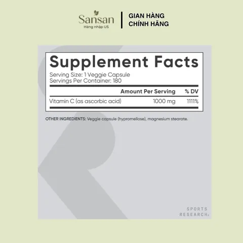 Sports Research Vitamin C 1000mg 180 Viên Nang Chay | Hỗ Trợ Chống Oxy Hóa & Tăng Cường Sức Đề Kháng | Non-GMO