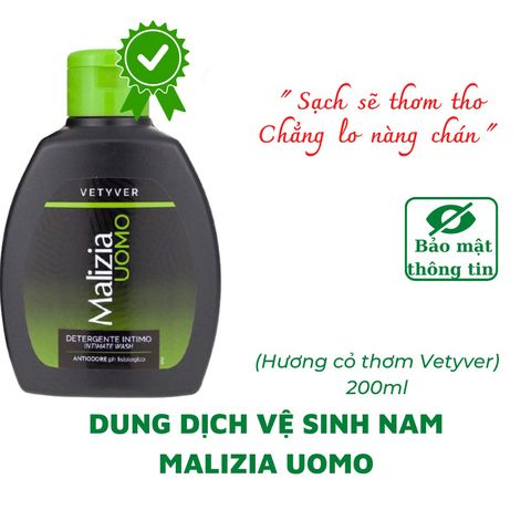 Dung dịch vệ sinh nam Malizia Vetyver Uomo Italia hương hoa cỏ, kháng khuẩn làm sạch Italia 200ml