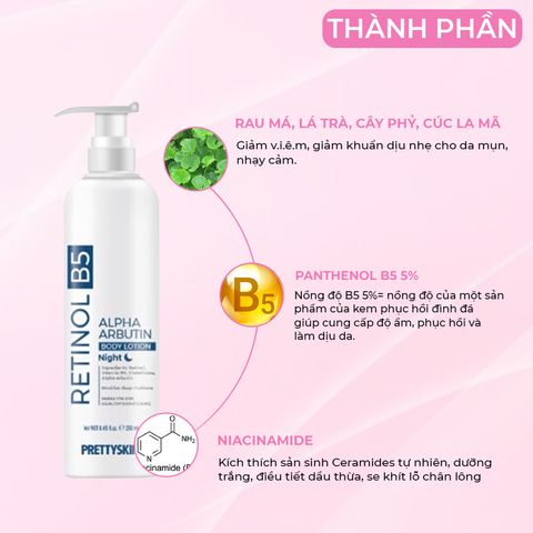Sữa dưỡng thể Kích Trắng Ban Đêm Tái Tạo, Phục Hồi Làn Da Pretty Skin Retinol B5 Body Lotion 250ml
