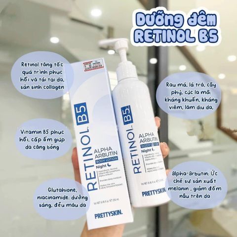 Sữa dưỡng thể Kích Trắng Ban Đêm Tái Tạo, Phục Hồi Làn Da Pretty Skin Retinol B5 Body Lotion 250ml
