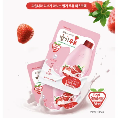 Hộp 10 miếng mặt nạ sữa dâu tái tạo phục hồi làn da hư tổn Kwailnara Strawberry Milk Mask Hàn Quốc 20gr