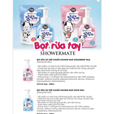 Bọt rửa tay Shower Mate Bubble Hand Wash hương dâu, sữa diệt khuẩn dưỡng ẩm cho da tay mềm mại 250ml