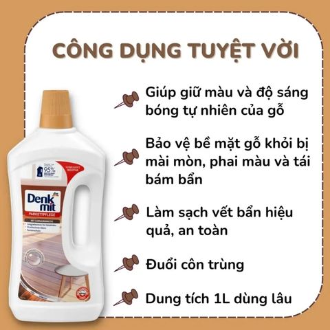 Nước lau sàn gỗ Denkmit Đức 1 lít sạch bóng, Đuổi côn trùng, Bảo vệ sàn gỗ bền đẹp